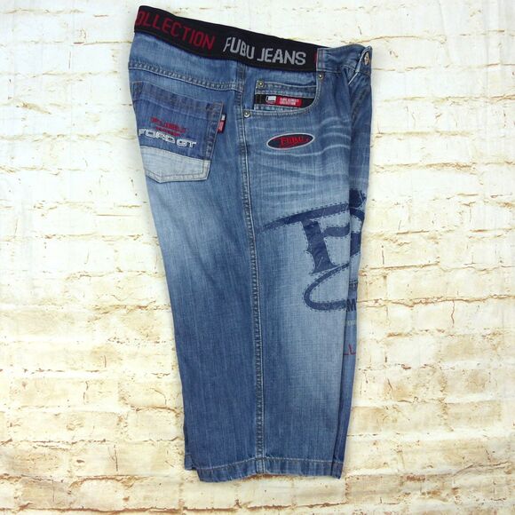 VTG FUBU Collection X Ford Denim Shorts Mens 29X17 Blue Logo Sporty Jorts Y2K - Picture 4 of 12